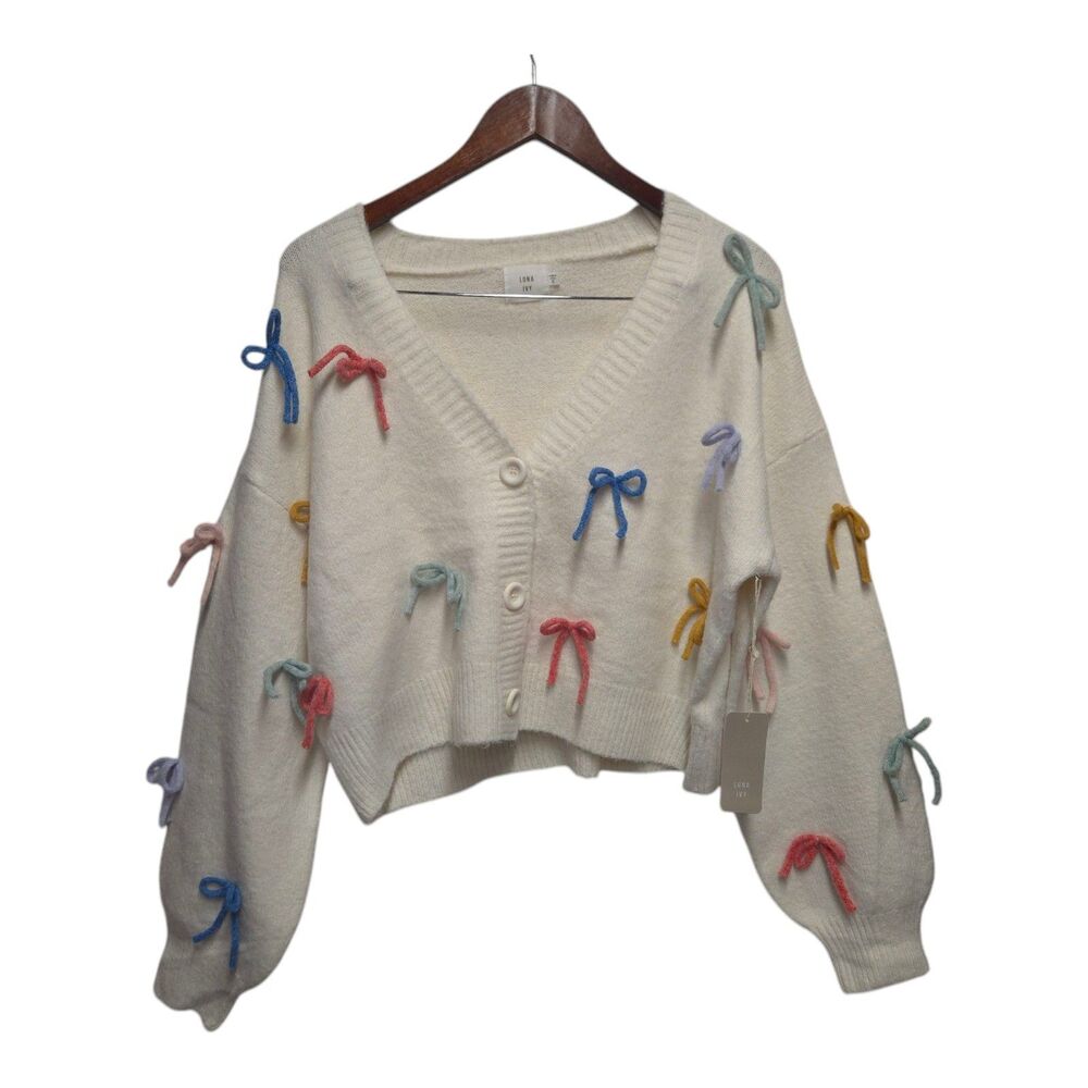 LUNA  IVY  3D Bow‎ Coquette Cream Sweater Cardigan Size SMALL NWT - Picture 2 of 4